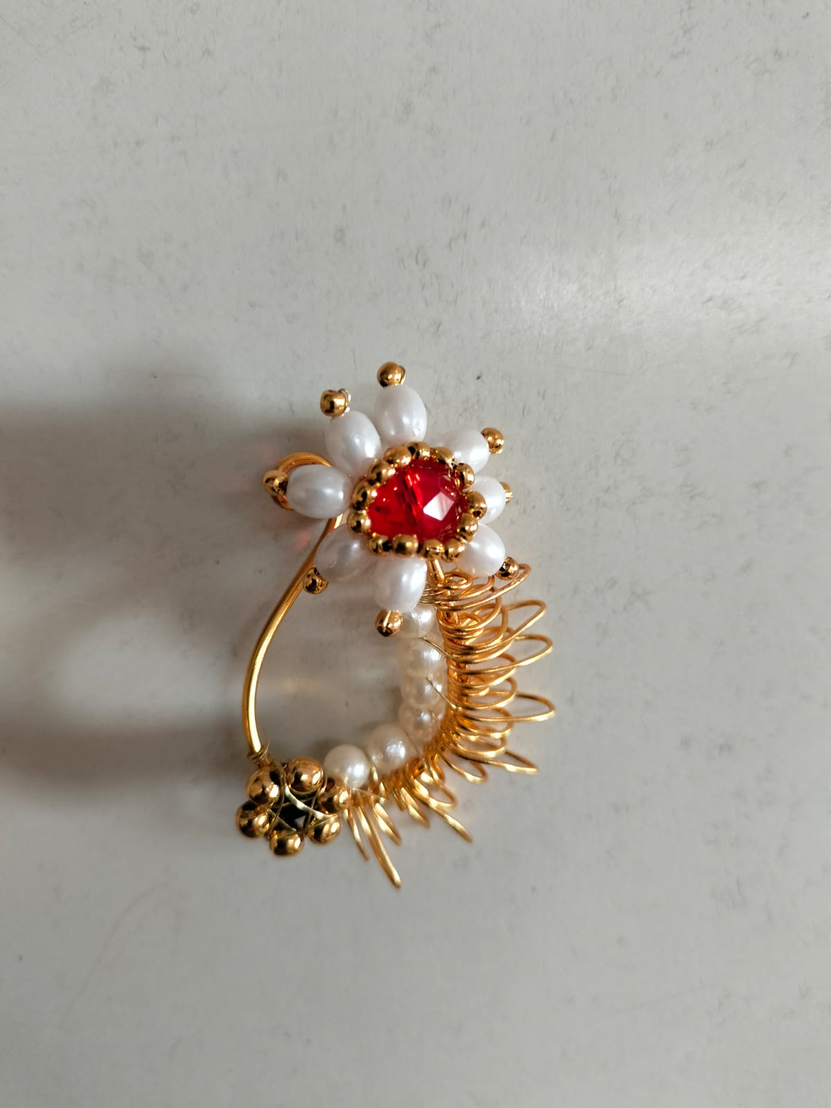 White Flower with Red Stone Nath
