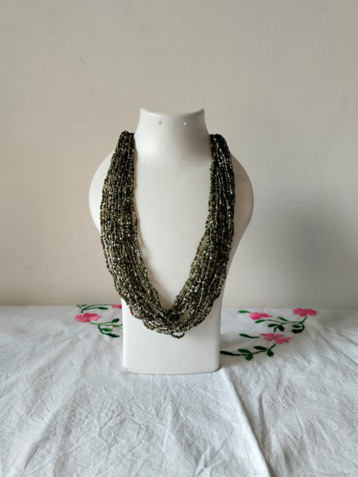 Multi-Strand Moss Green & Charcoal Seed Bead Statement Necklace