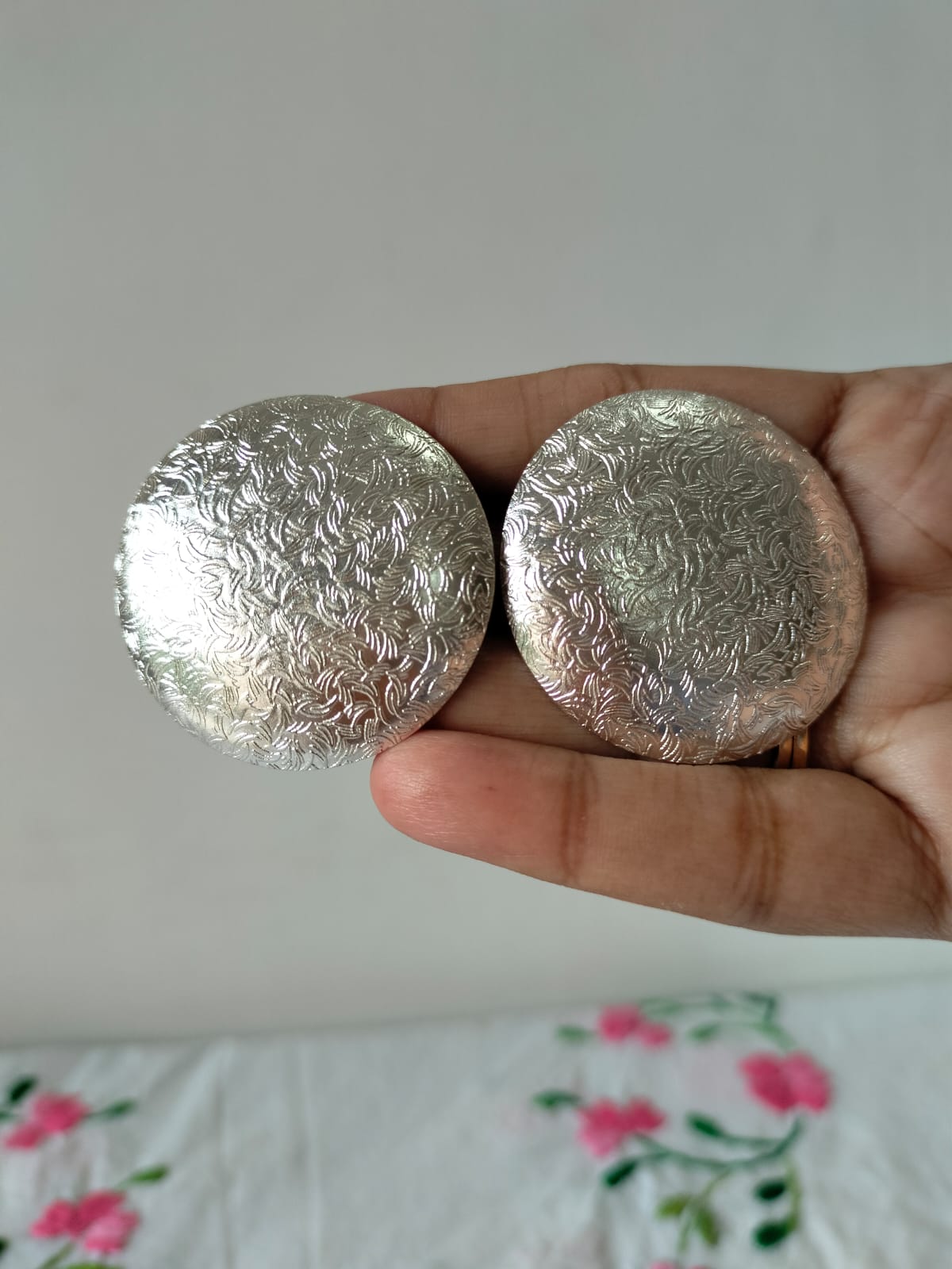 Large Etched Silver-Tone Circular Earrings with Intricate Scroll Pattern
