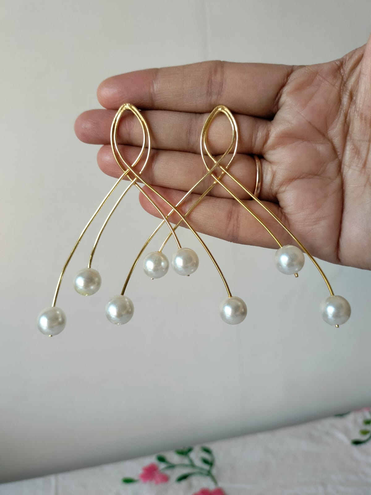 Gold-Toned Geometric Pearl Dangle Earrings