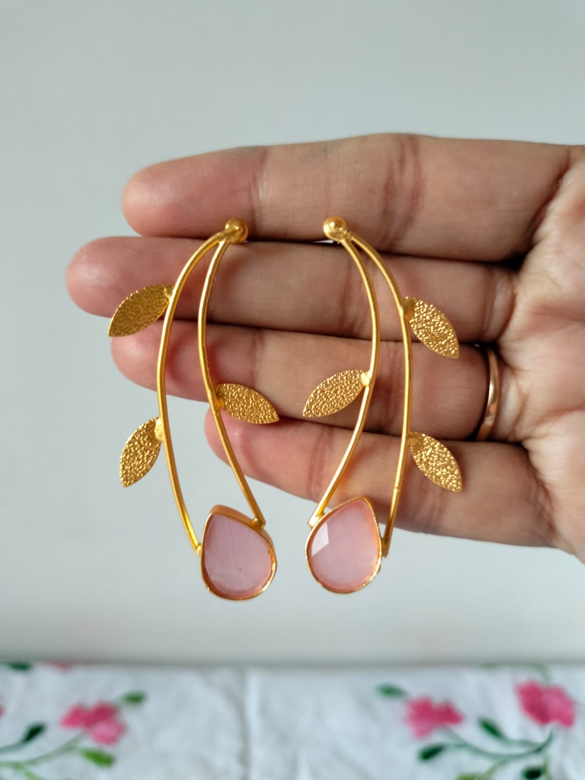 Gold-Toned Floral Branch Earrings with Pink Stone
