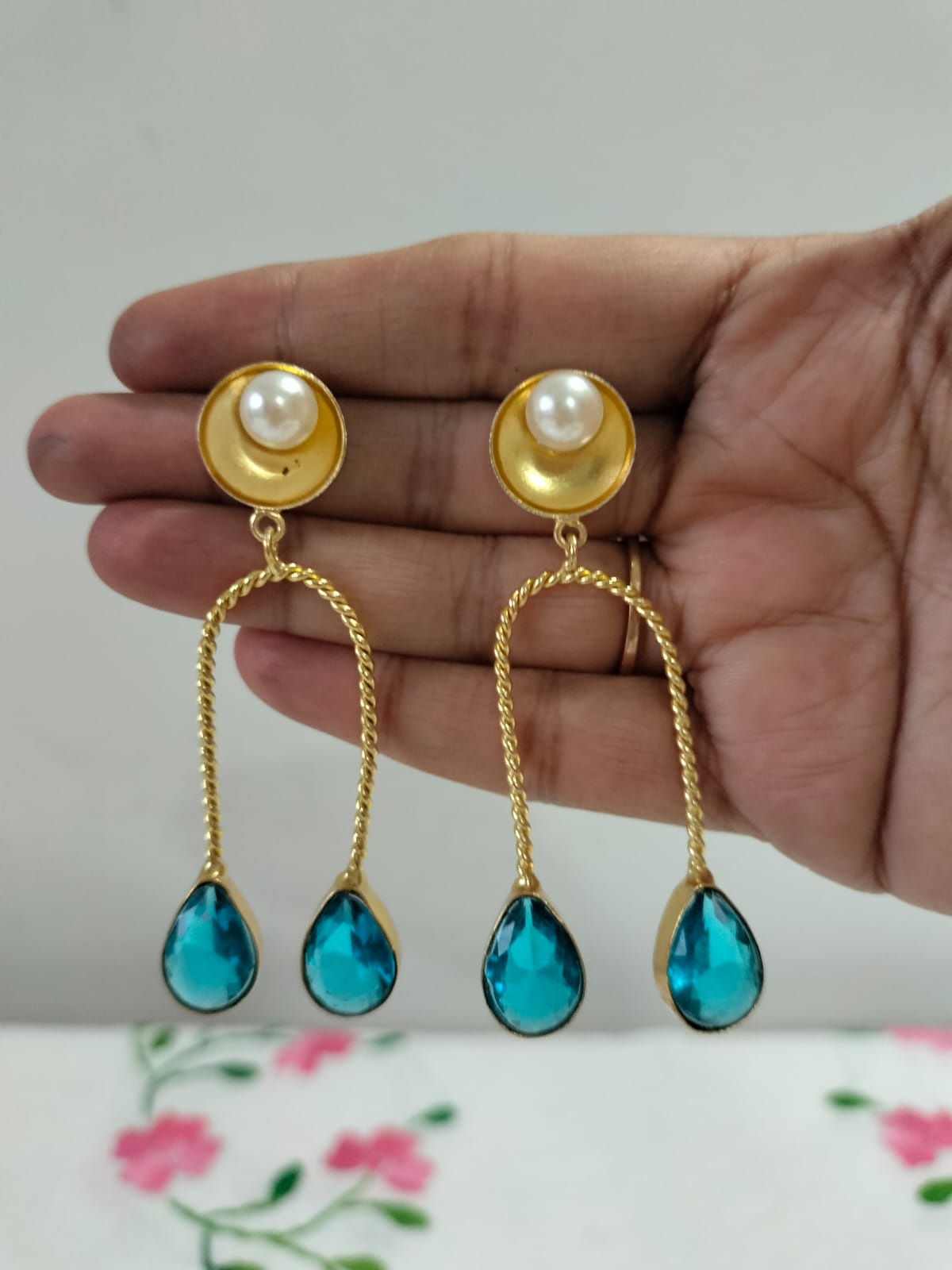 Gold-Twist Arch Earrings with Pearl Studs & Blue Drops