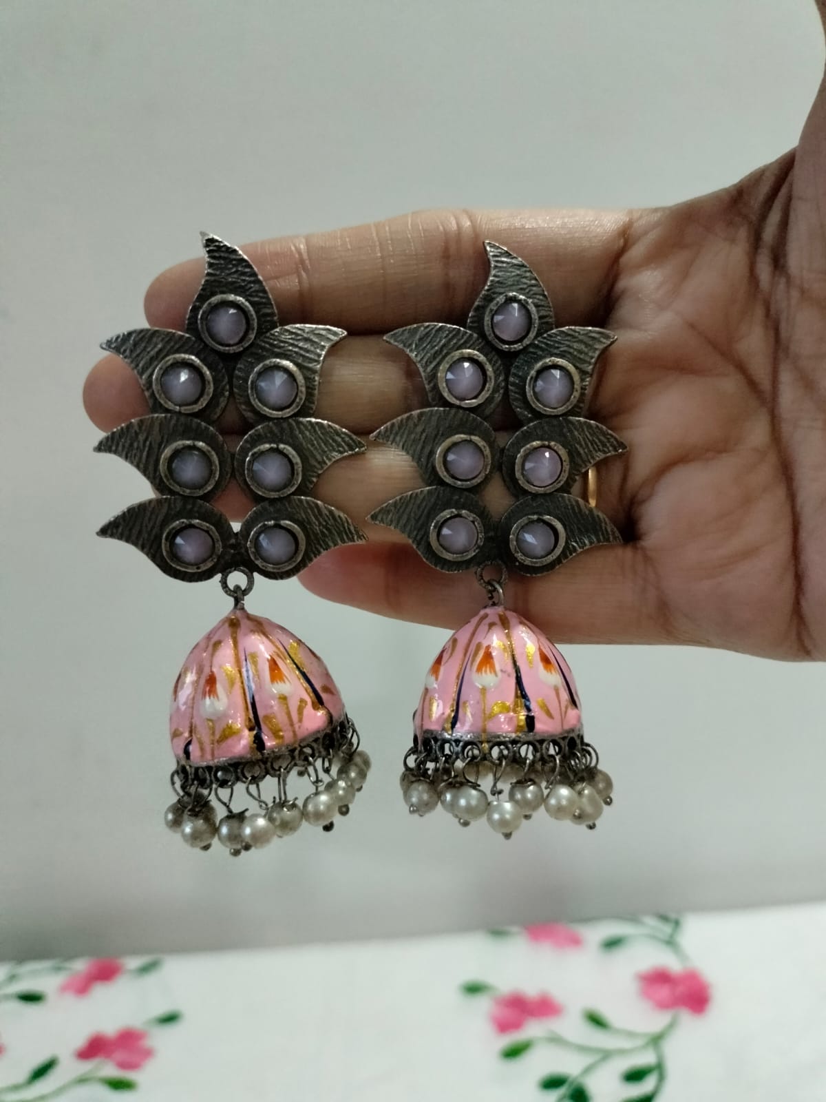Oxidized Floral Studs with Pink Hand-Painted Jhumka