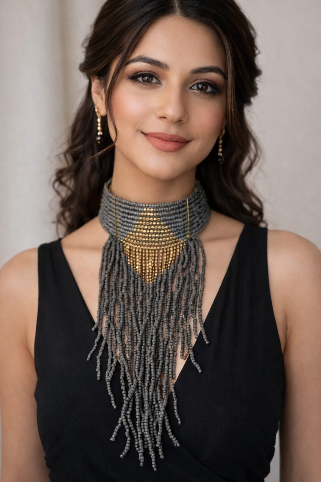 Luxurious Grey & Gold Seed Bead Fringed Choker Set
