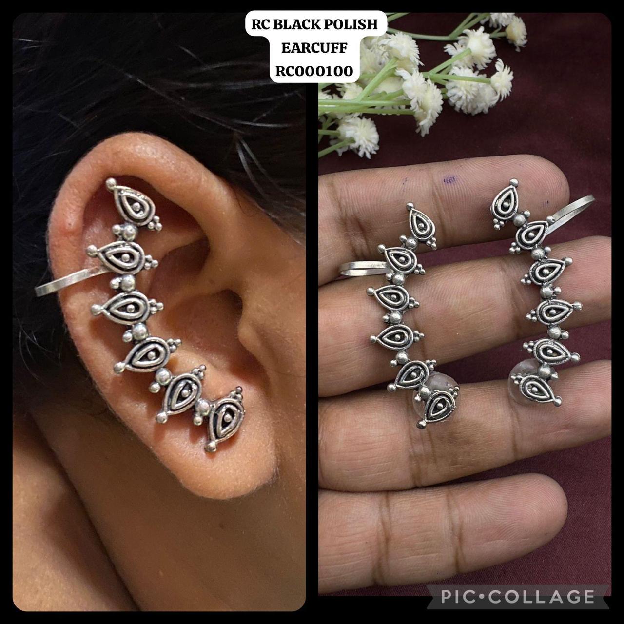 Traditional Oxidised Silver Curved Ear Climbers with Teardrop Motifs