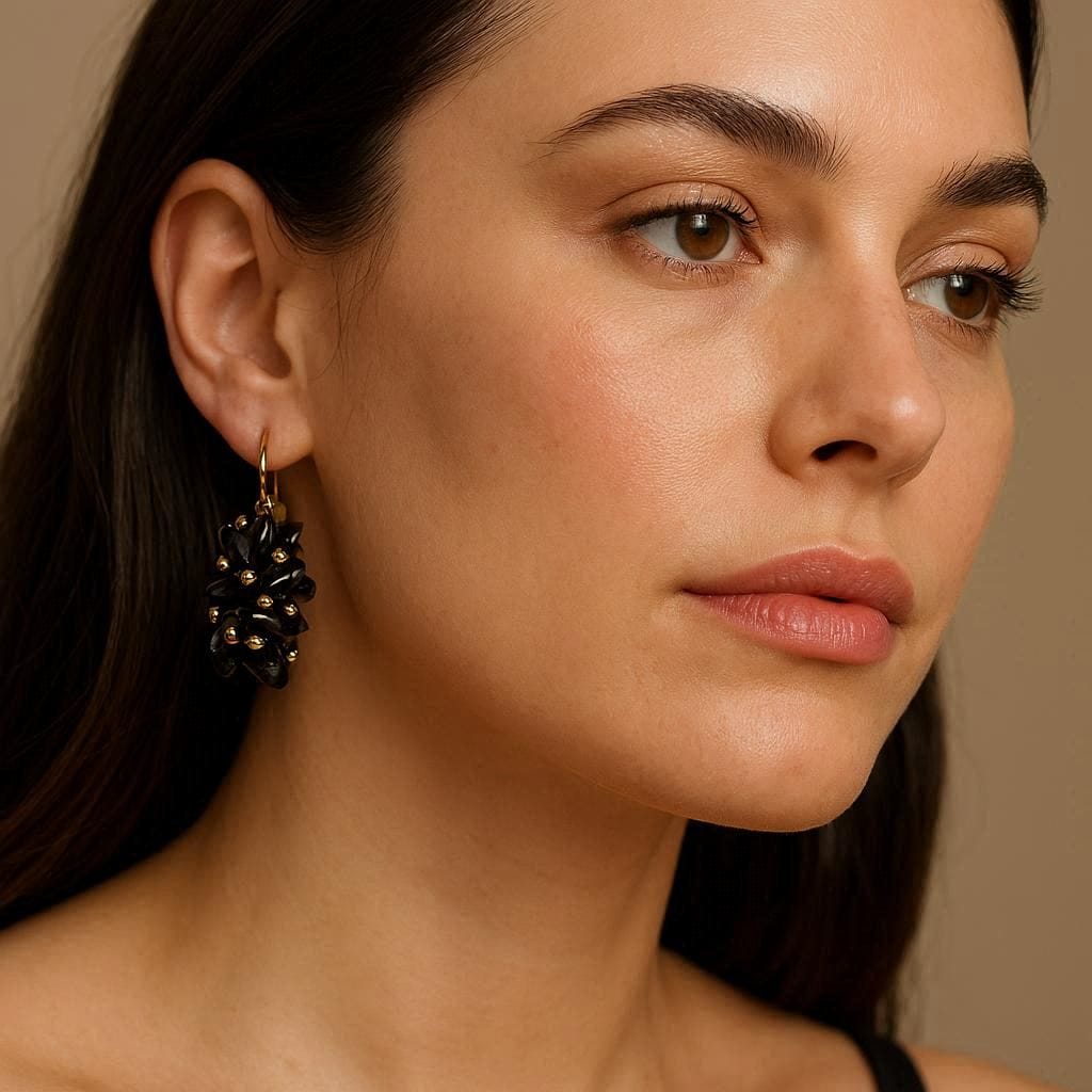 Handcrafted Black Stone Cluster Earrings with Gold Accents