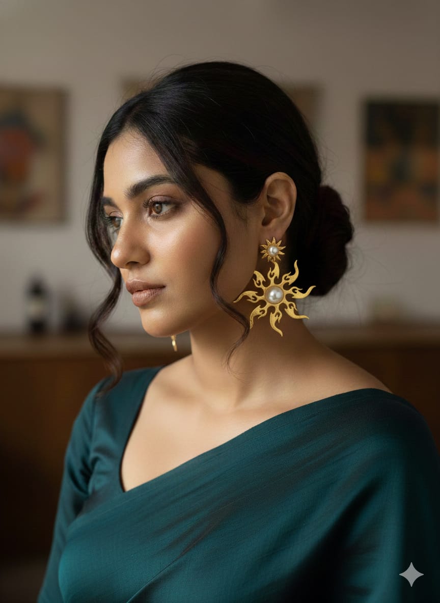 Majestic Gold-Plated Sun Motif Dangle Earrings with Lustrous Pearl Center