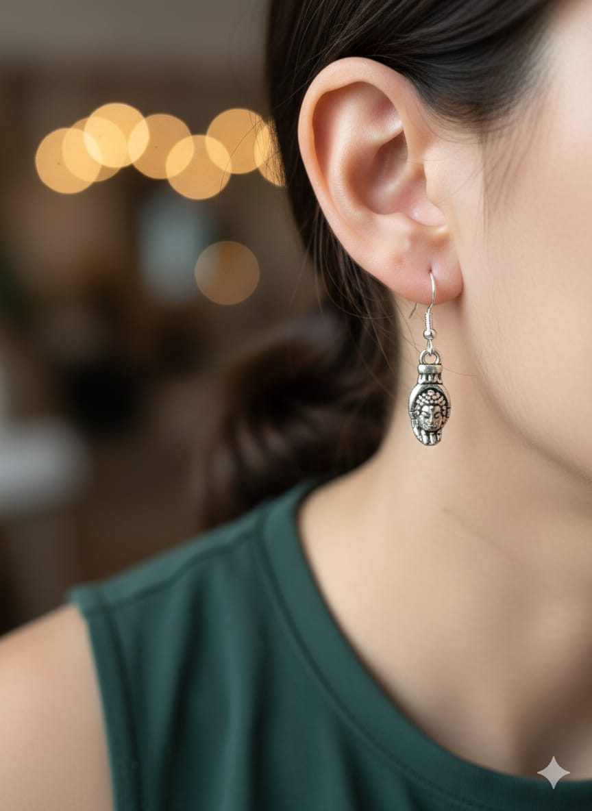 Antique Silver Buddha Face Spiritual Earrings