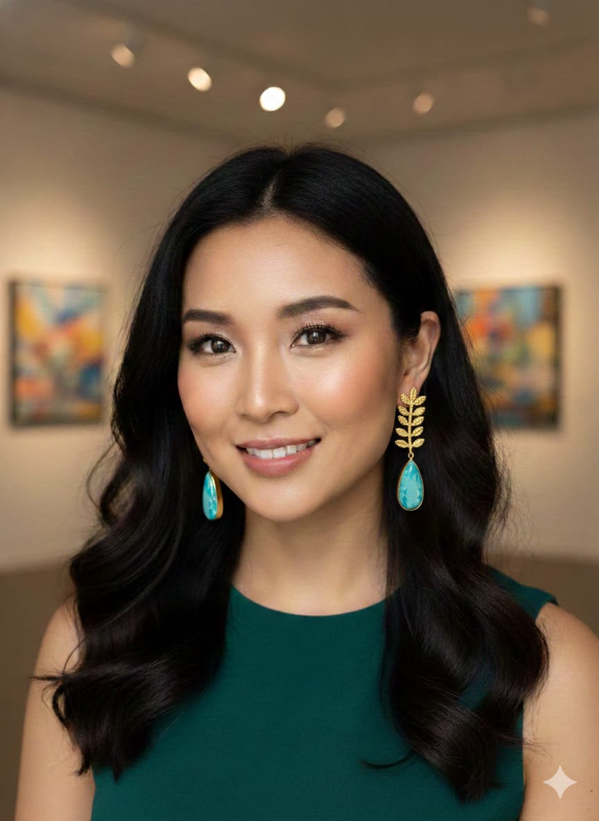 Gold Foliage Earrings with Faux Turquoise Teardrops