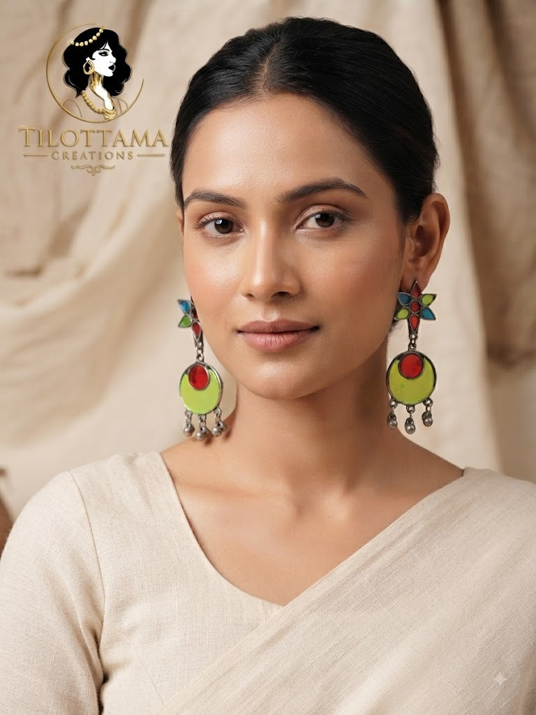 Colorful Petal & Disc Silver Dangle Earrings