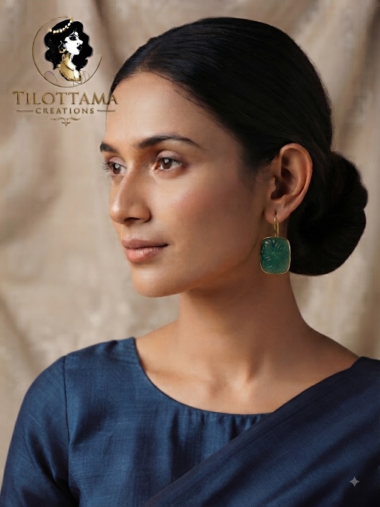 Emerald Bloom Carved Glass Gold-Rimmed Earrings