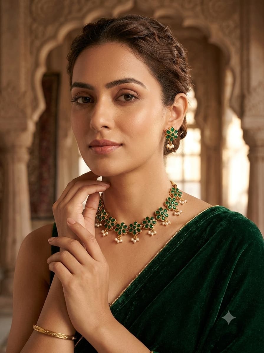 Emerald Floral Pearl Necklace Set