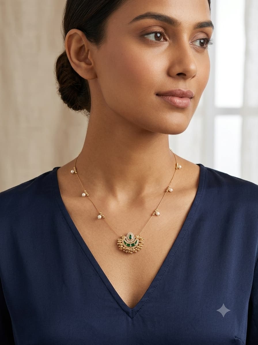 Emerald Chandbali Pearl Chain Pendant