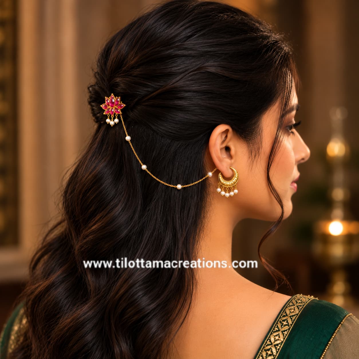 Ruby Lotus Moonbeam Hair Chain Earrings