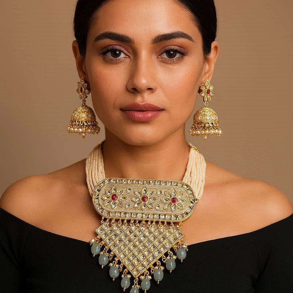 Majestic Grey & Gold Kundan Jhumka Set