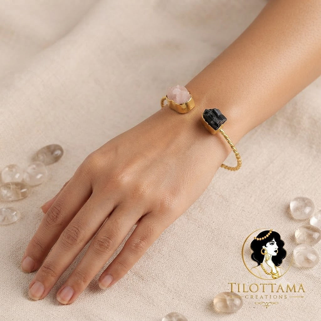 Raw Quartz & Tourmaline Twisted Bangle