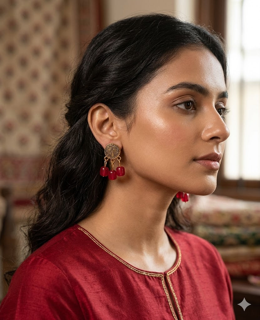 Ruby Wine Filigree Medallion Earrings