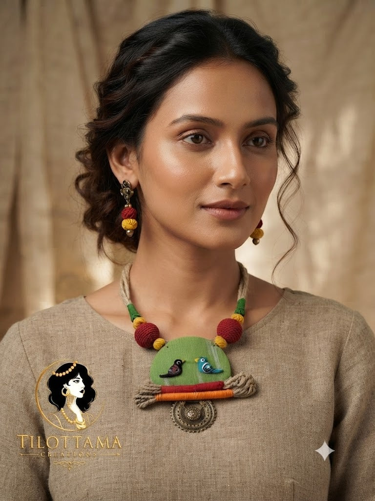 The 'Madhuban Songbird' Handcrafted Jute & Fabric Necklace