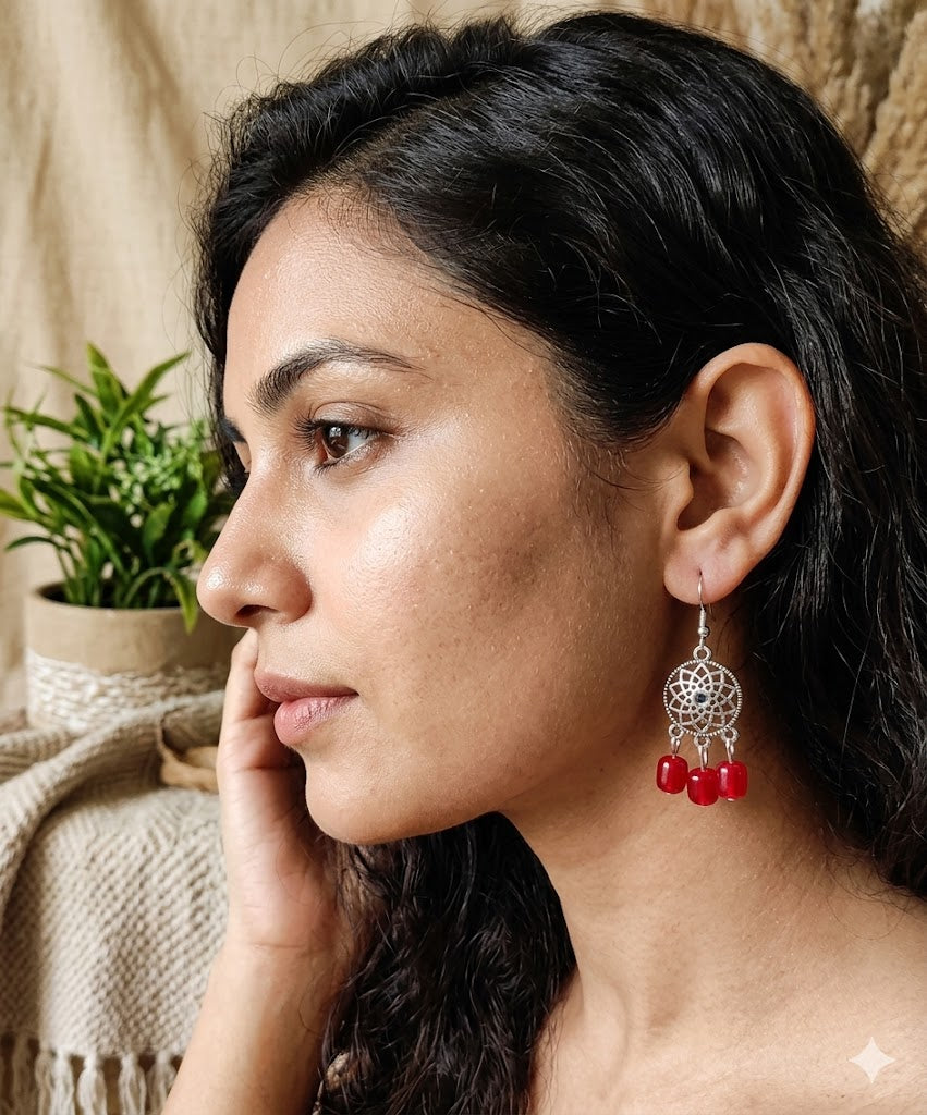 Ruby Red Silver Mandala Dangles