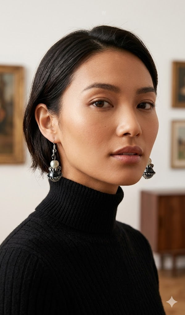 Vintage Silver Pearl Jhumka-Style Earrings