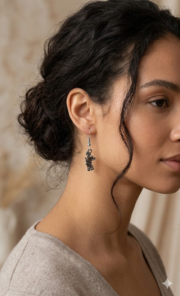 Adorable Silver-Finished Teddy Bear Earrings with Flower Detail