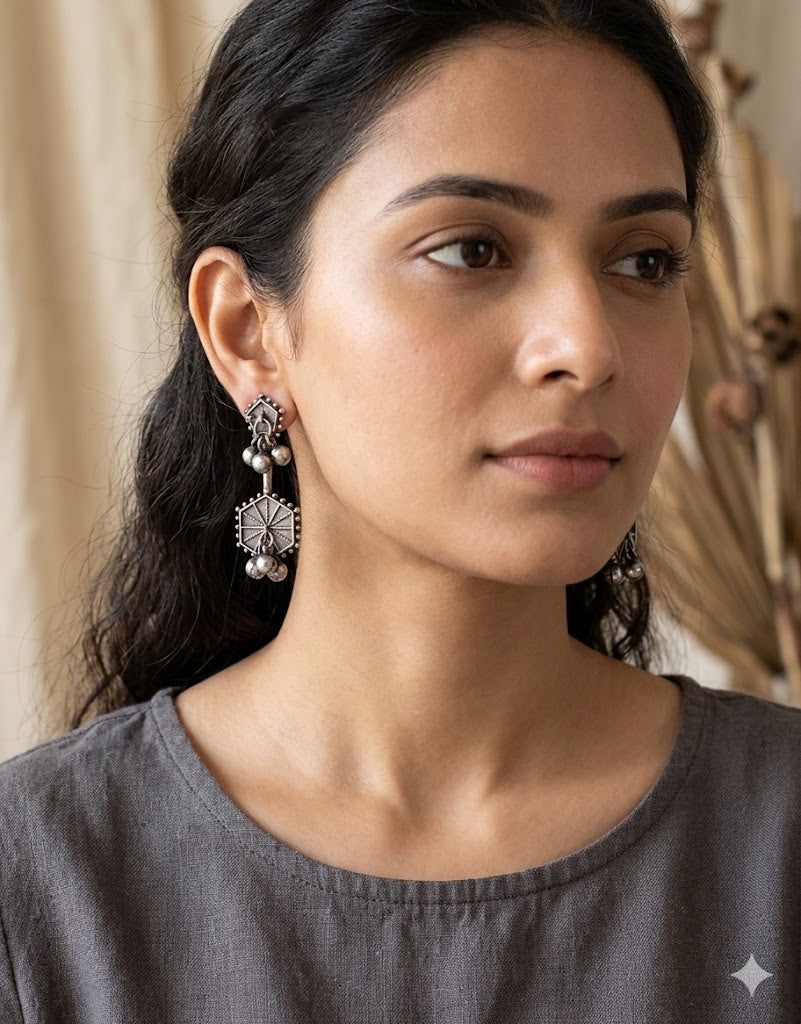 Vintage Oxidized Hexagonal Statement Earrings