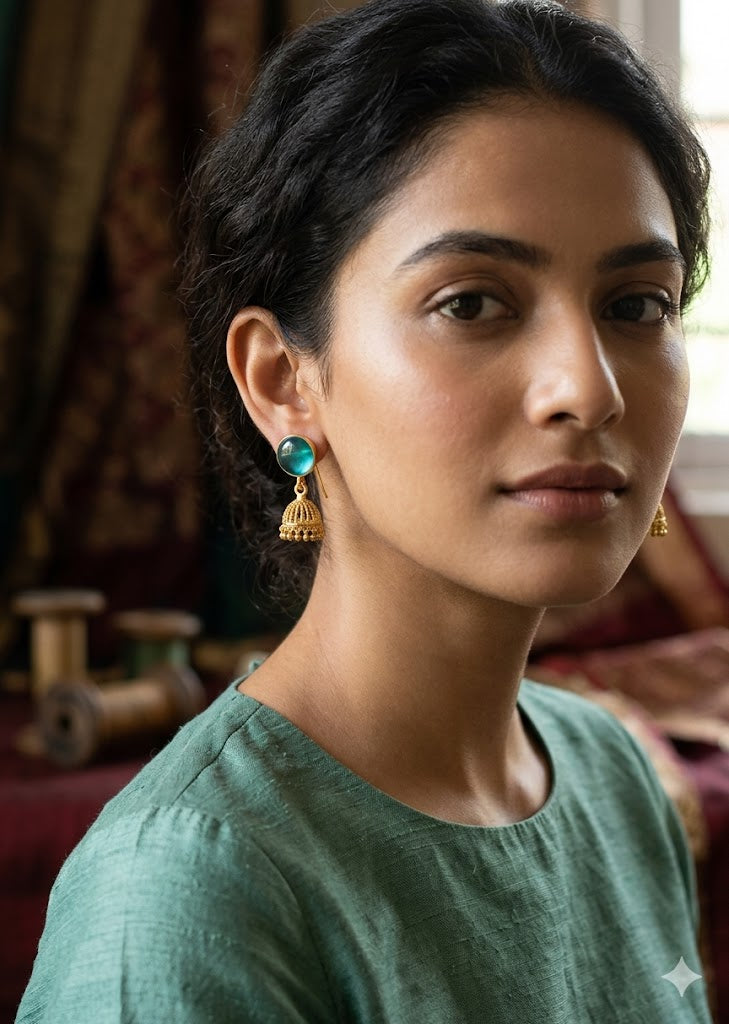 Teal Blue Glass Studs with Tiny Golden Jhumka Drops