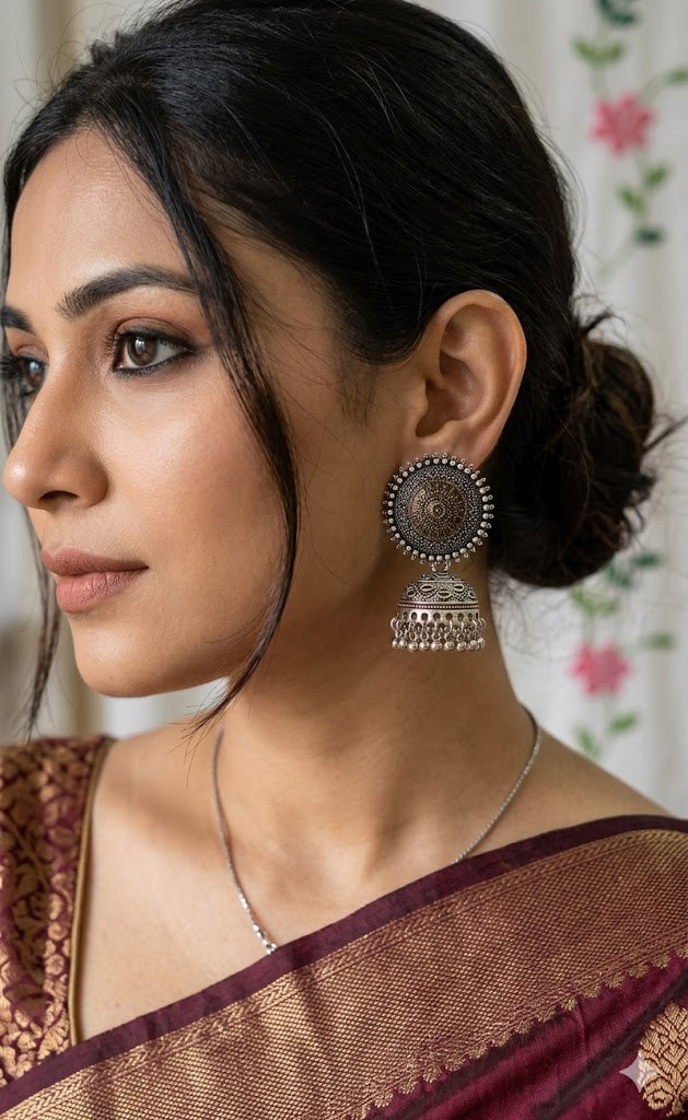 Vintage Afghan-Style Oxidized Mirror Jhumka Earrings