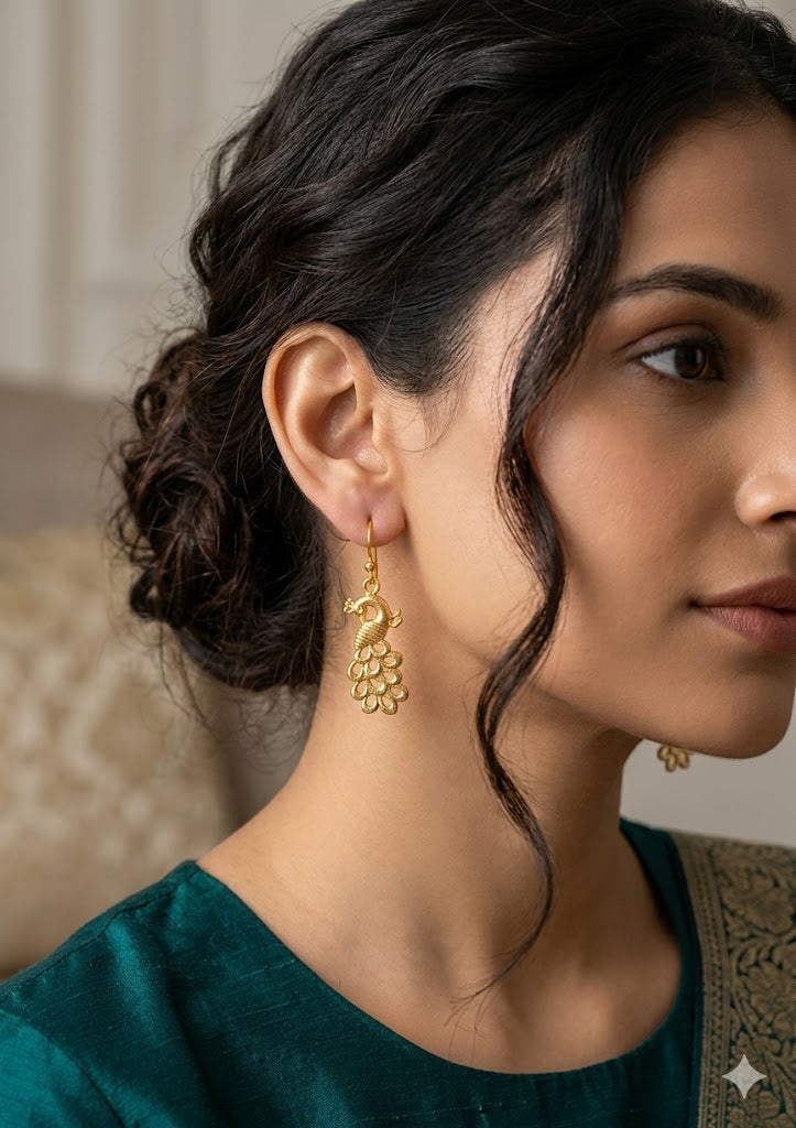 Traditional Gold-Plated Peacock Dangle Earrings