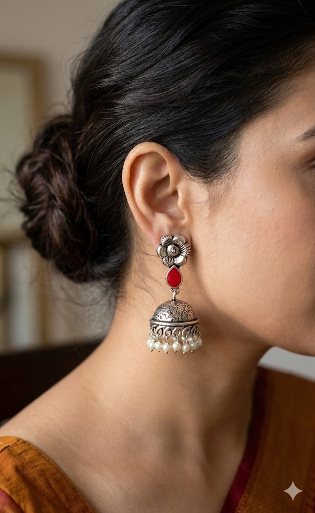Oxidized Silver Floral Jhumkas with Red Teardrop