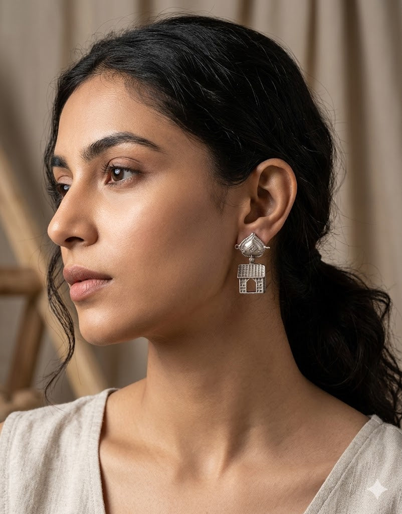 Vintage Silver-Toned House Motif Statement Earrings