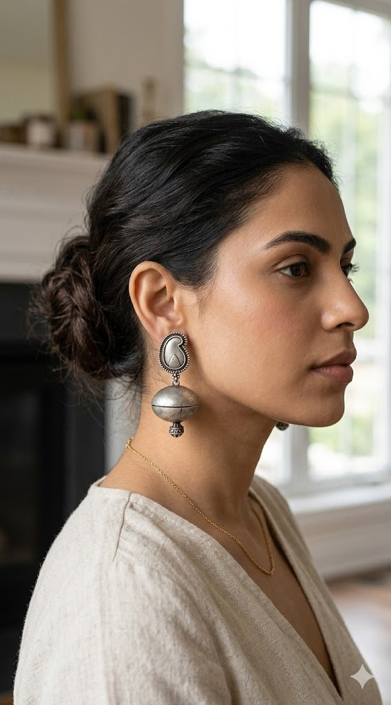 Antique Silver-Toned Paisley & Sphere Dangle Earrings