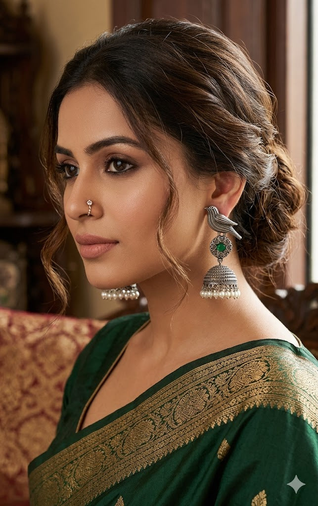 Vintage Silver-Toned Bird & Emerald-Green Jhumkas