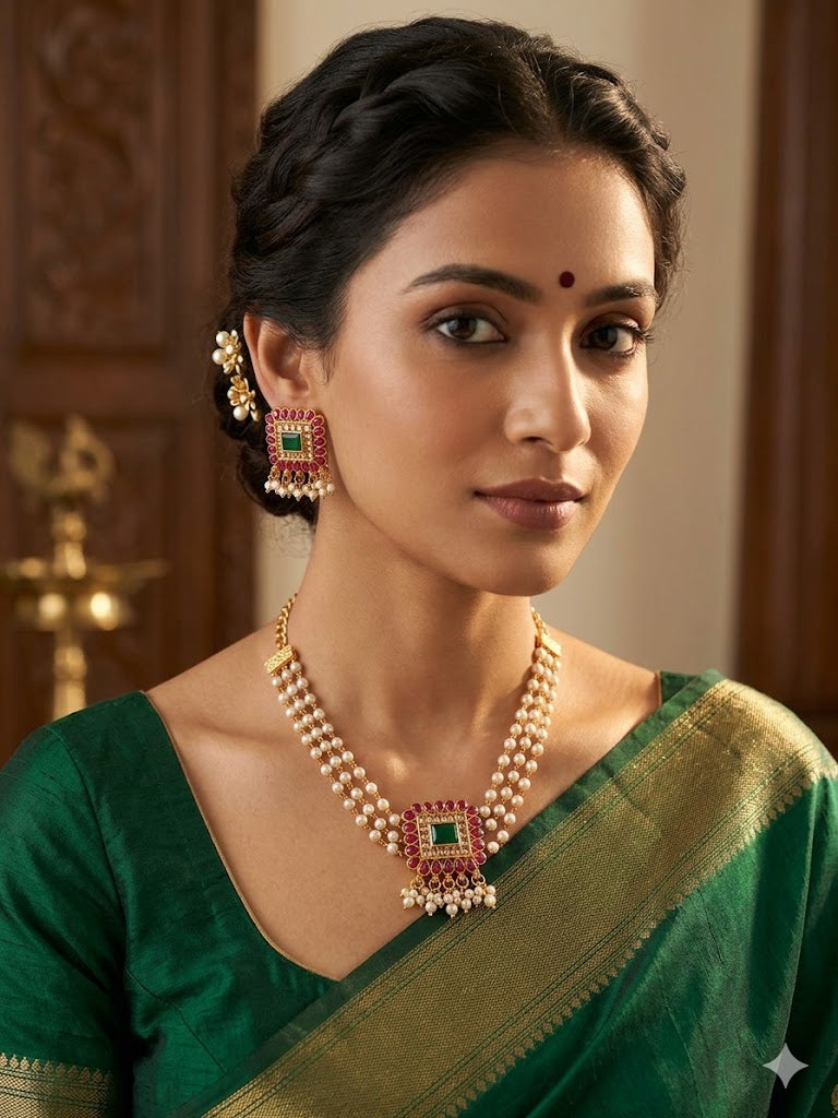 Regal Pearl Choker with Ruby & Emerald Pendant