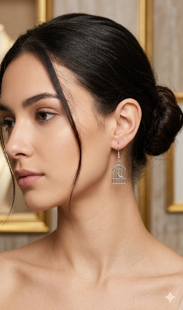 Silver-Toned Bird in Cage Earrings