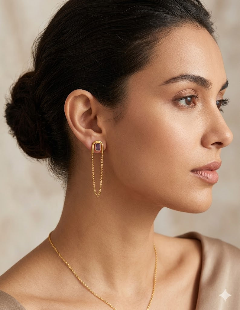 Modern Gold-Plated U-Arch Earrings with Emerald-Cut Purple Stone and Delicate Chain