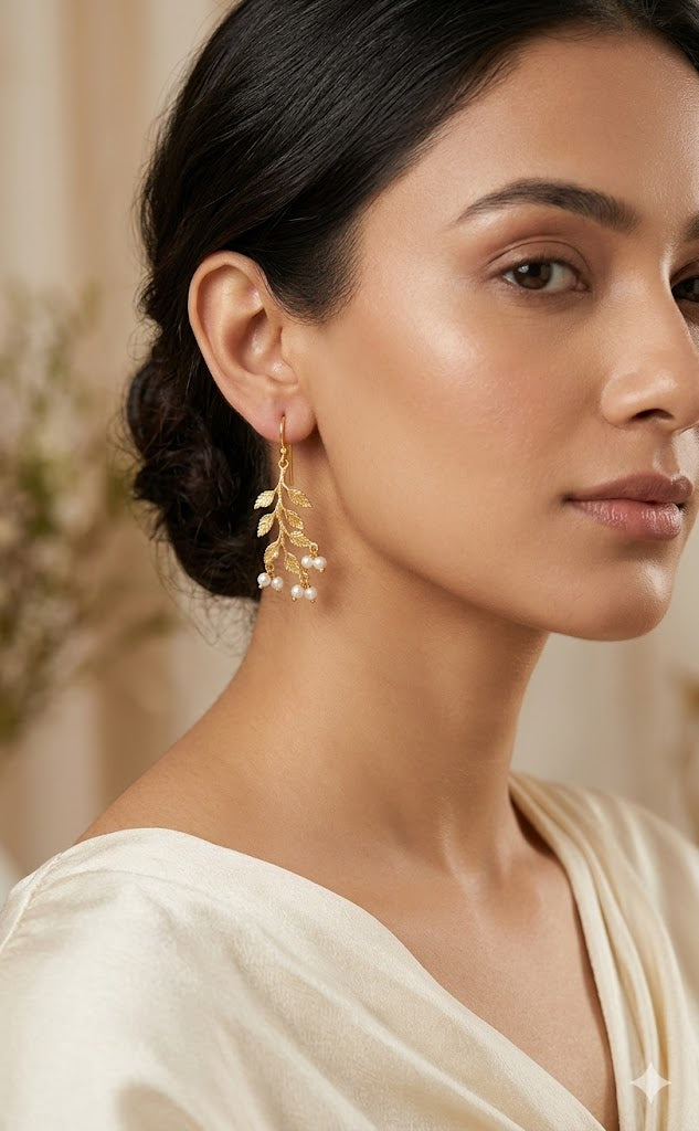 Elegant Gold-Plated Botanical Branch Earrings with Hanging Pearl Clusters