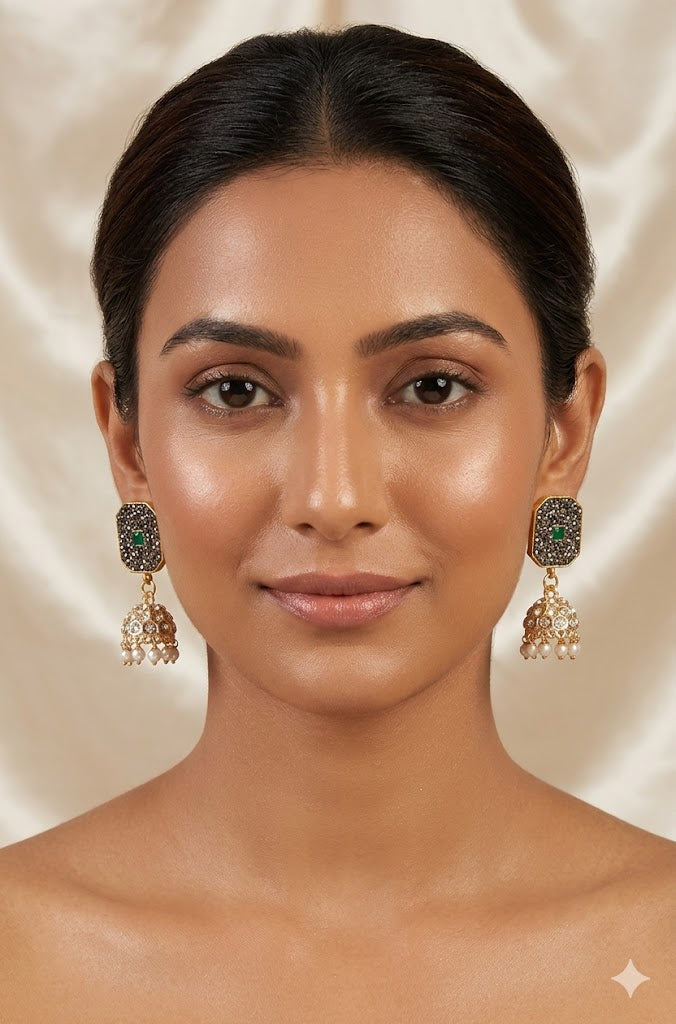 Regal Fusion Emerald and Hematite Jhumka Earrings