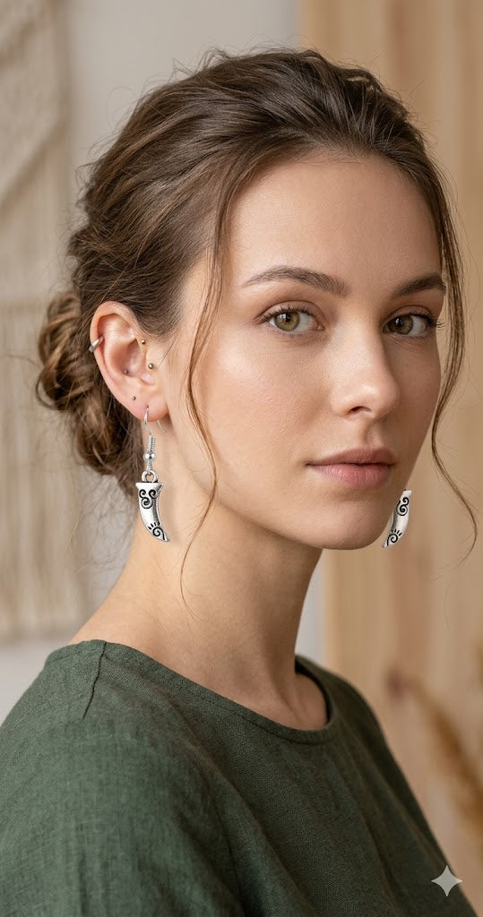 Antique Silver-Finished Curved Claw Earrings