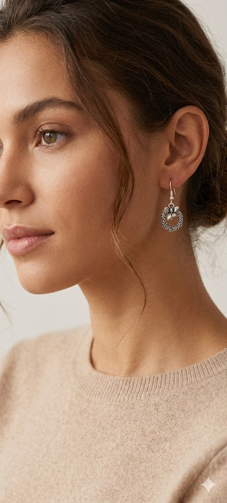Antique Silver Wreath Earrings with Bow Detail