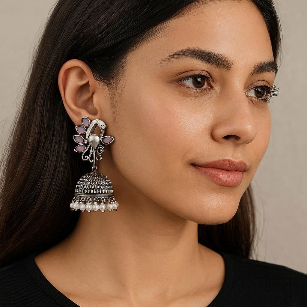 Mauve Peacock Oxidized Jhumkas