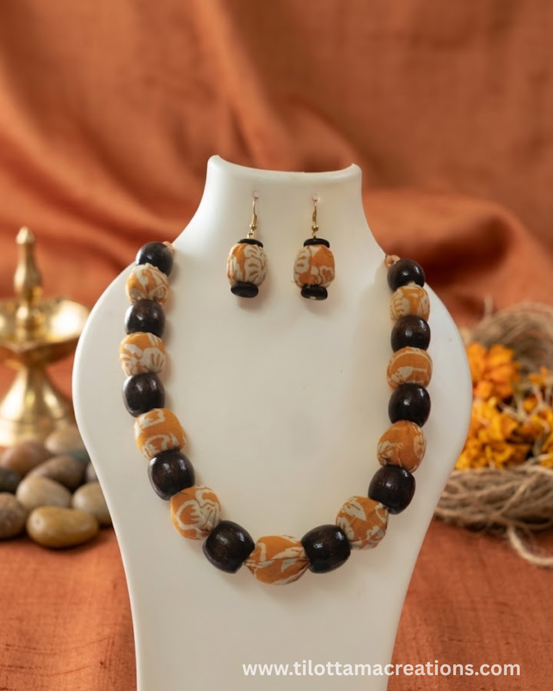 Earthy Terracotta Fabric-Wrapped Necklace Set