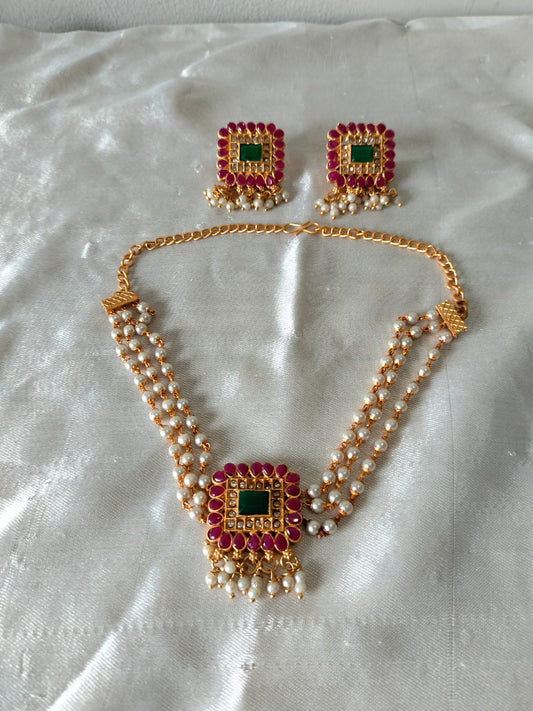 Regal Pearl Choker with Ruby & Emerald Pendant