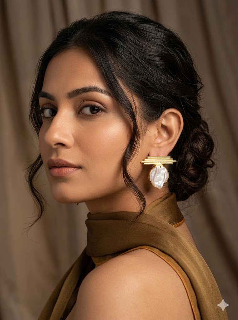 Abstract Gold-Bar & Irregular Pearl Statement Earrings