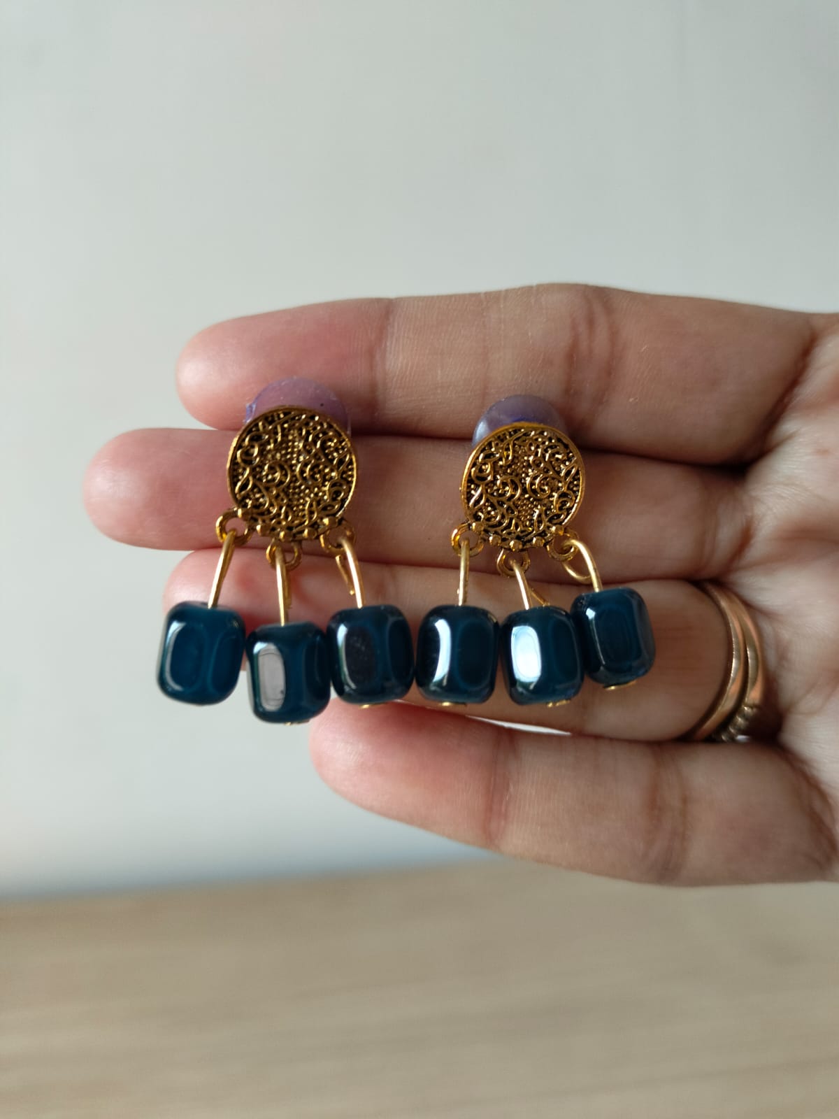 Peacock Teal & Gold Filigree Medallion Drops