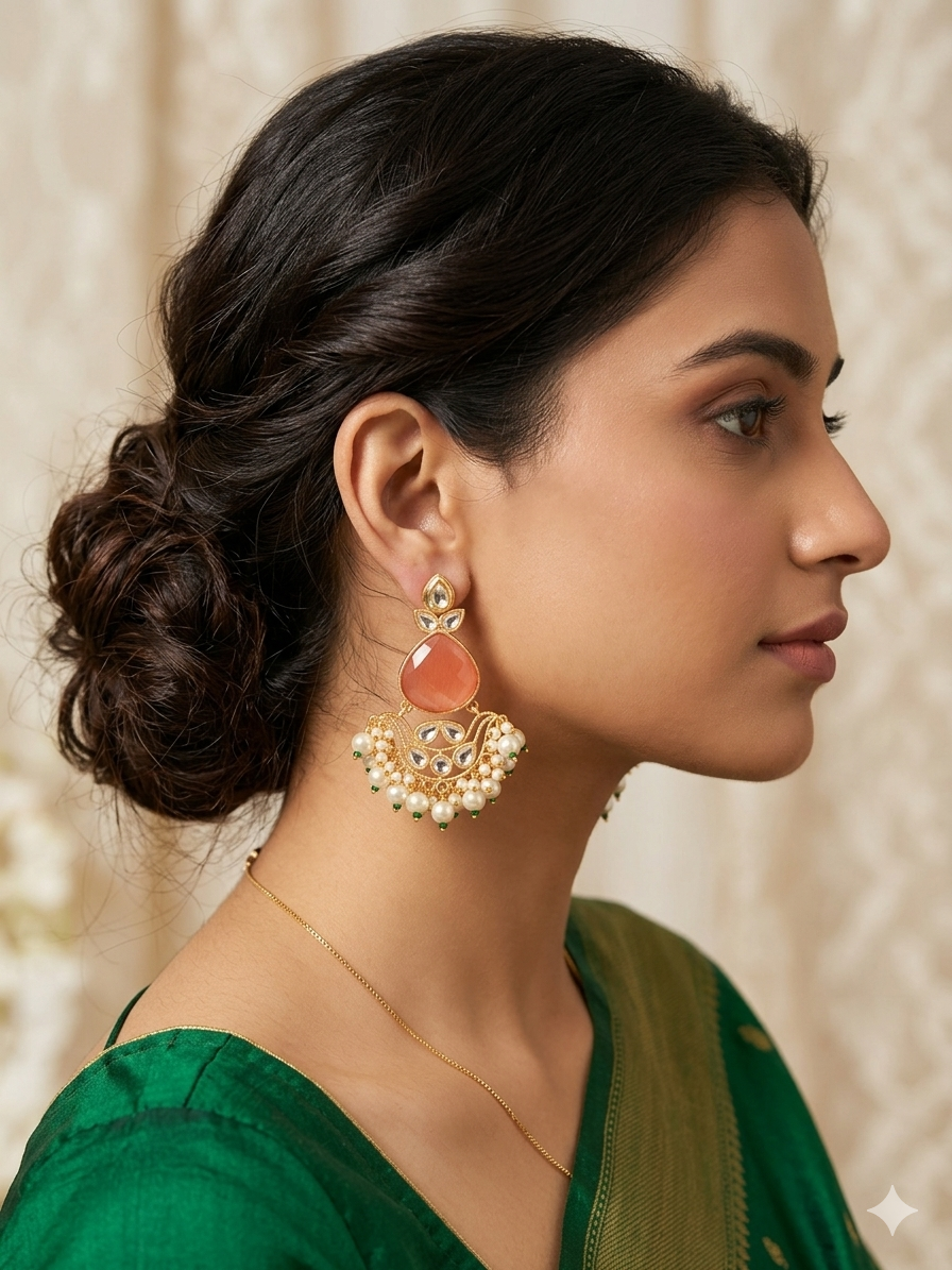 Peach Peach & Pearl Kundan Chandbalis