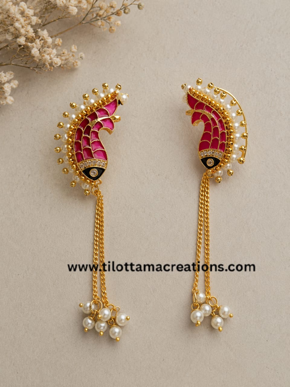 Crimson Matsya Pearl Ear Cuffs