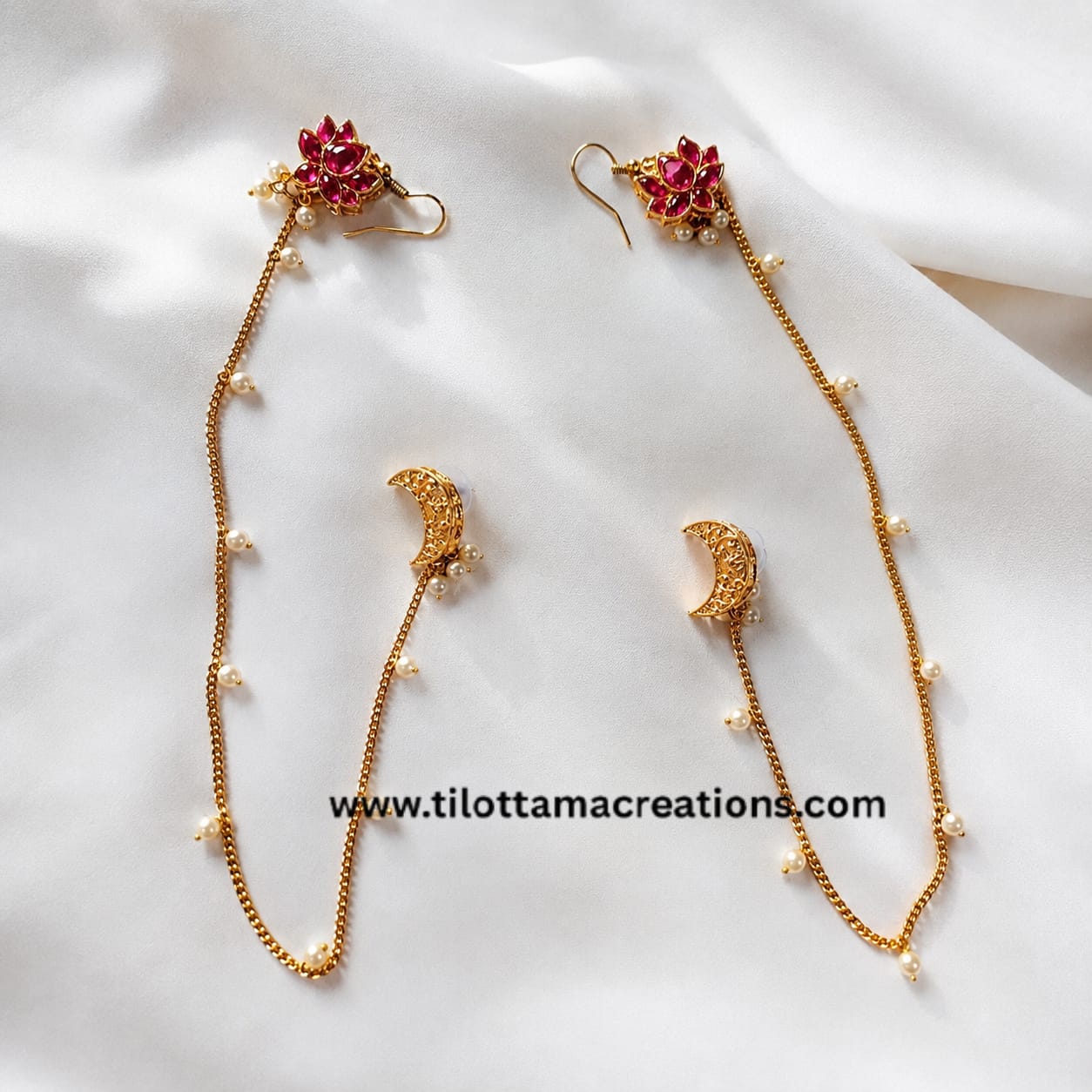 Ruby Lotus Moonbeam Hair Chain Earrings