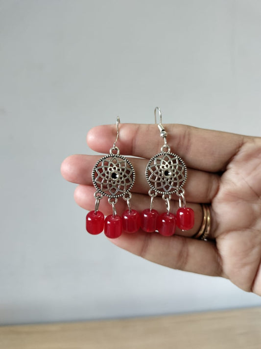 Ruby Red Silver Mandala Dangles