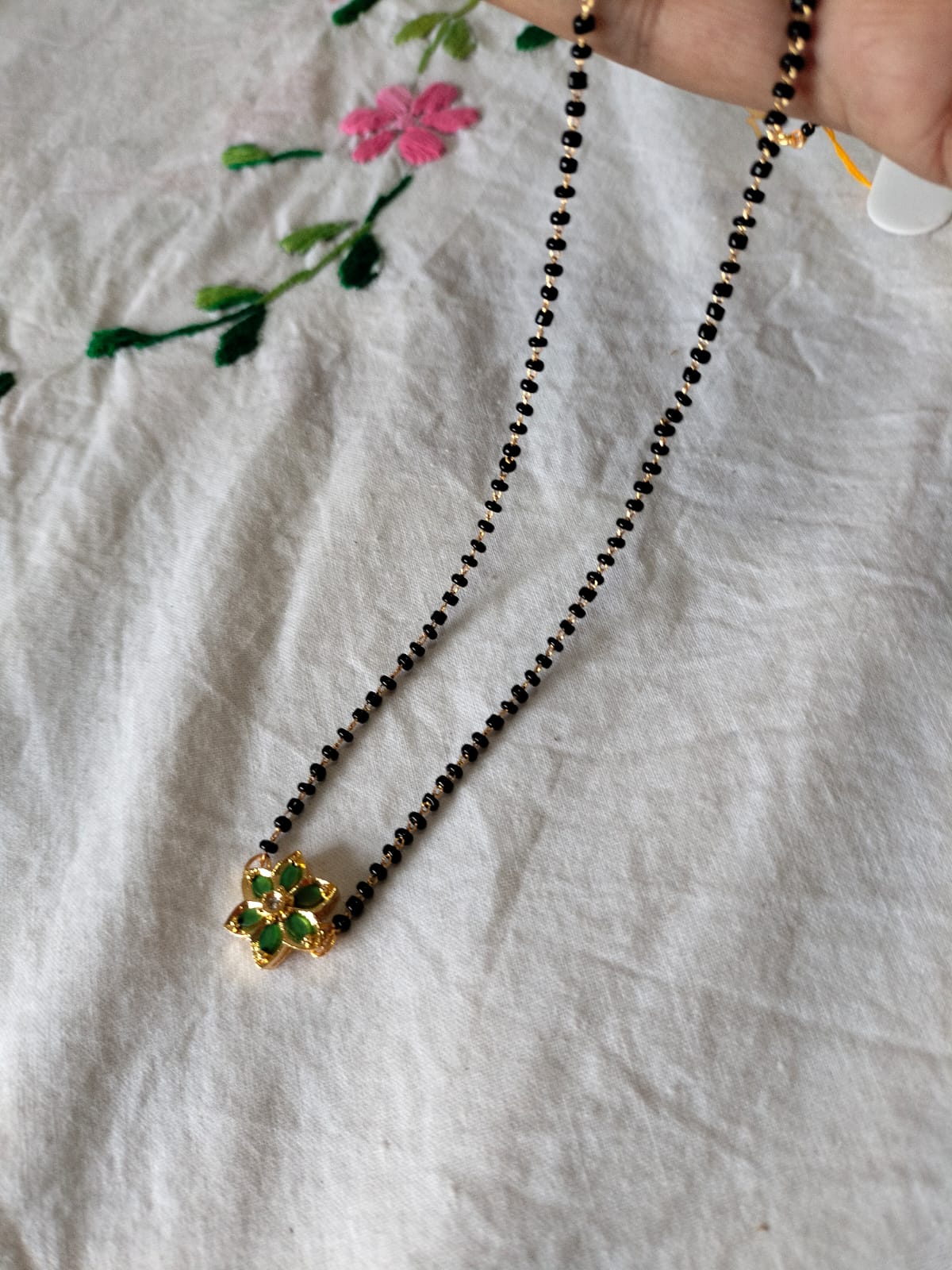 Green Tiny Flower Design Short Mangalsutra